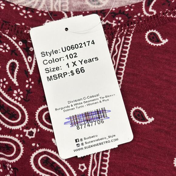 Weekend Suzanne Betro Blouse 1X Red Paisley Bandana Print Tie Sleeve Stretch - Picture 12 of 13